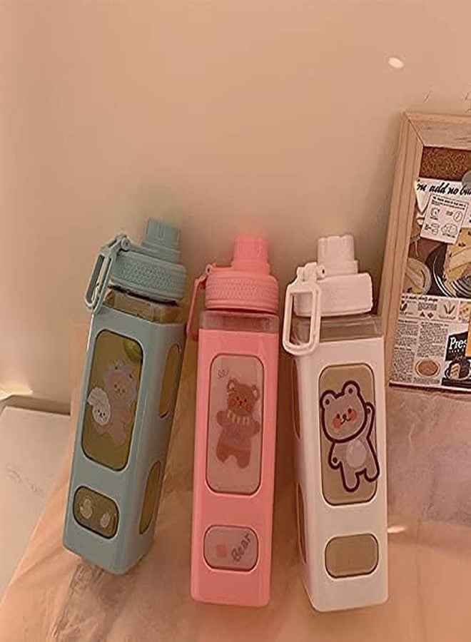 Ncry Kawaii Water Bottle with Straw and Sticker, Kawaii Bear Water Bottle, Large Sport Plastic Portable Square Drinking Bottle for Girl, Cute Juice Tea Water Cups-700ml (White) - Image 3